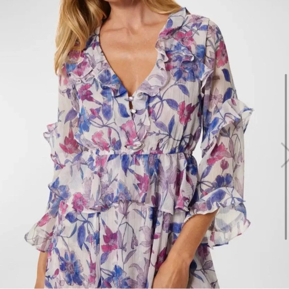 Misa Los Angeles Karina Ruffle Trim Floral Chiffon Midi Dress in Amethyst Floral - Picture 4 of 11